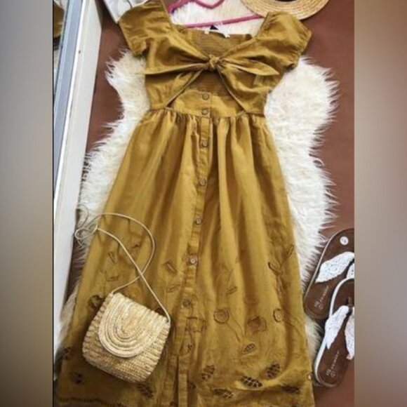 Zara Embroidered Cut Out Midi Dress Mustard Yellow Size Small - Picture 1 of 7